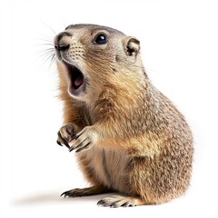 Fototapeta premium Groundhog with wide open mouth on isolated white background. Big discounts, surprise, news, raffle concept. Generated AI