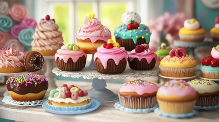 3d dessert. Bakery shop sweets, pastries and cakes. Realistic ice cream, pie and cookies. Chocolate and cupcake, donut, pithy vector clipart