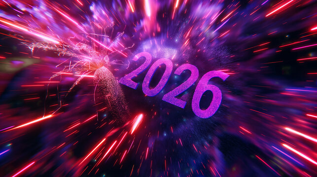 "2026" in neon amidst a vibrant burst of colorful light streaks.
