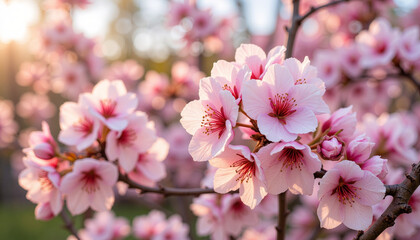 Cherry blossoms in full bloom with sunlight filtering through
