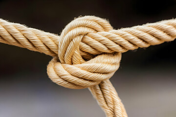 Fototapeta premium Close-up beige rope knot, outdoor background, texture detail, ideal for nautical, adventure themes