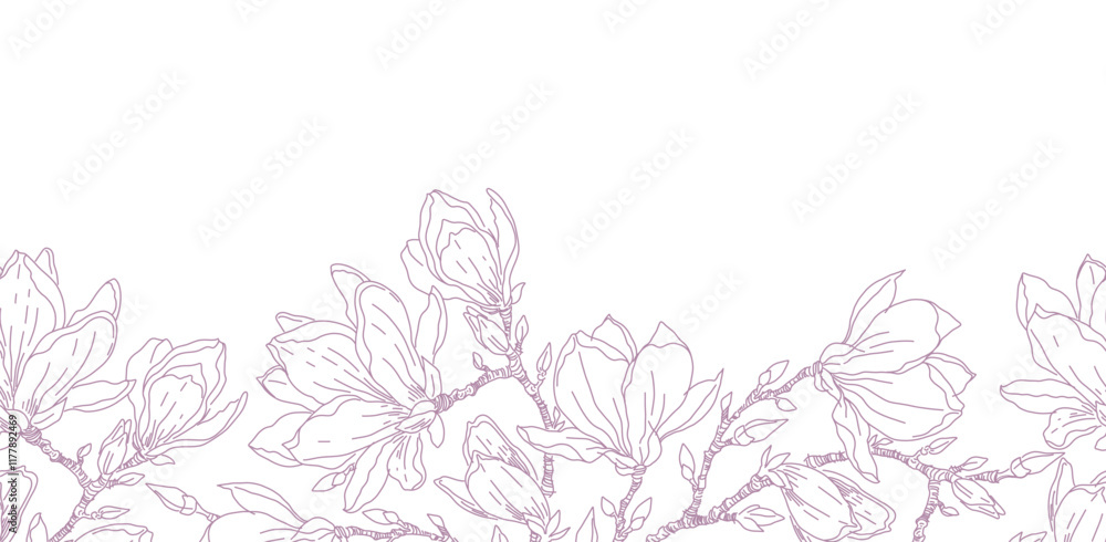 Sticker floral border with magnolia branches and flowers. spring seamless horizontal background with minimal