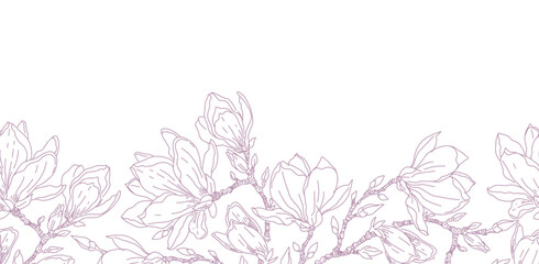 Floral border with Magnolia branches and flowers. Spring seamless horizontal background with minimal hand drawn pattern in line art style. Vector illustration © Feodora_21