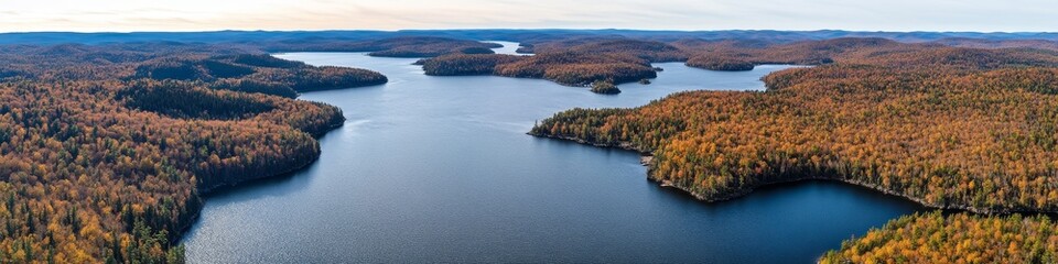 Obraz premium Aerial view of a serene lake surrounded by autumn-colored forests.