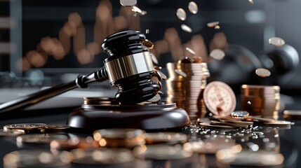 Gavel striking coins courtroom financial illustration legal environment close-up bankruptcy concept