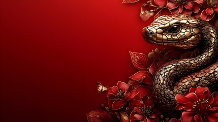 chinese Elegance of the Zodiac: Lunar New Year Design, close up of a gold white snake in red background  for card celebration Lunar Festive Zodiac in Gold Linework