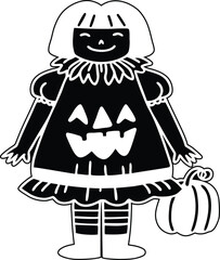 Cartoon vector illustration of a little girl dressed up as a pumpkin, cartoon illustration of a little girl dressed up as a pumpkin silhouette vector