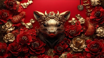 Fototapeta premium Golden Sculpted Rat – Bold and Elegant with Gold Floral Accents, Perfect for Lunar New Year Cards, Home Decor, and Auspicious Gifts