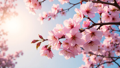 Obraz premium Cherry blossoms on tree branch with sunlight and blue sky in spring 