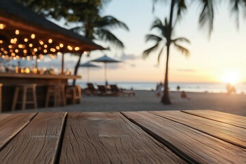 Relaxing beachside bar experience beach table sunset blurred background tranquil atmosphere
