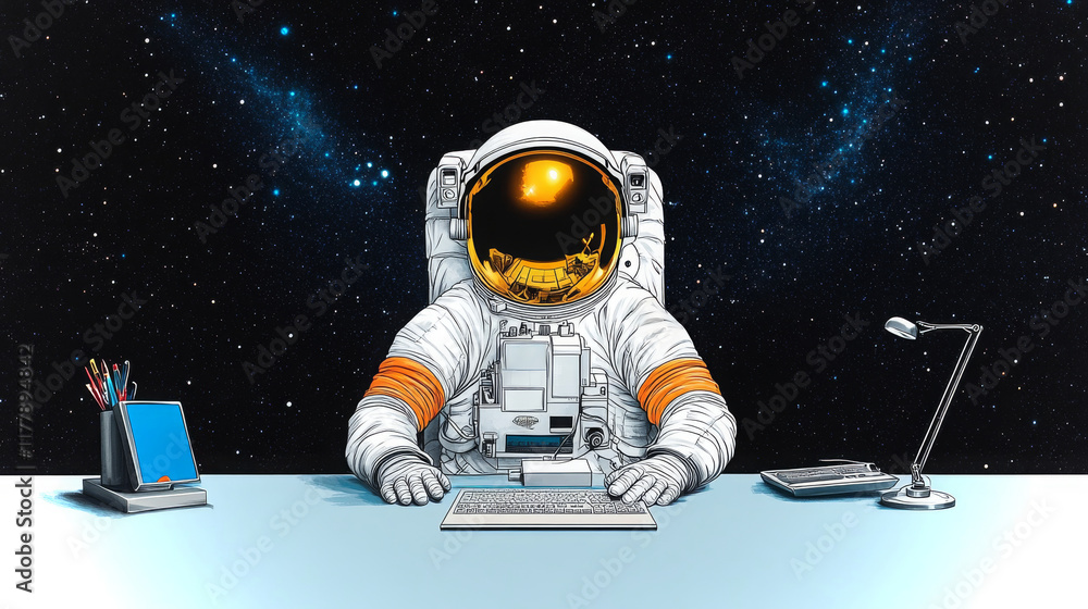 Poster astronaut working at a reception desk in outer space with a cosmic backdrop