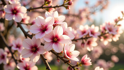 Fototapeta premium Cherry blossoms blooming in soft sunlight during spring 