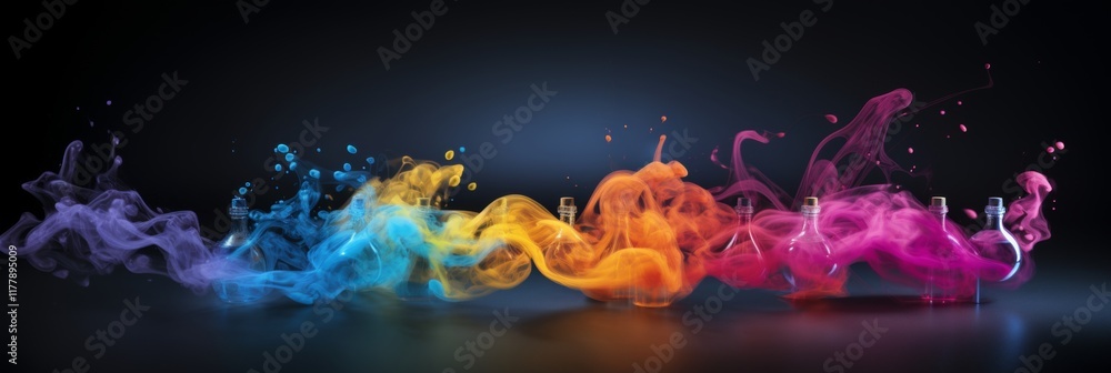 Poster dynamic motion effects with colorful light flares on a dark background in shades of marsh and orange