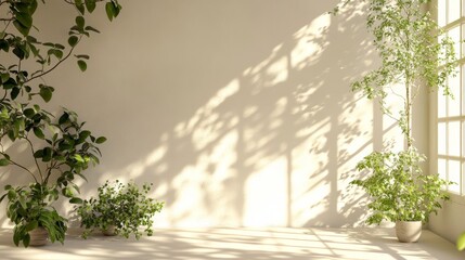Minimalistic abstract gentle light beige background for product presentation with light andand intricate shadow from the window and vegetation on wall.