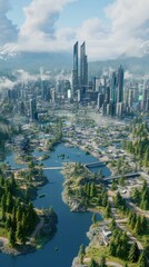 Naklejka premium Futuristic city nestled in forested, mountainous terrain.