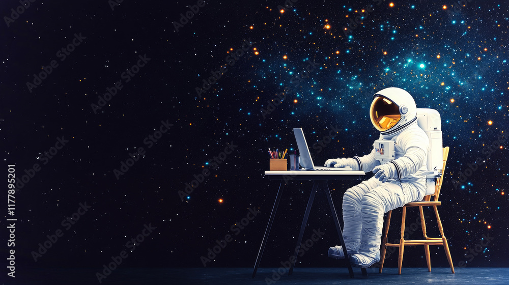 Poster astronaut working at a help desk in a study while surrounded by a starry space background