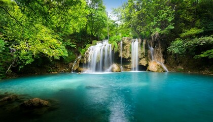 a stunning waterfall flows gracefully into a vibrant turquoise pool surrounded by lush greenery the scene exudes tranquility inviting nature lovers to relish the serene beauty of this oasis