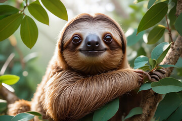 Naklejka premium Peaceful three-toed sloth resting serenely on branch against blurred tropical foliage