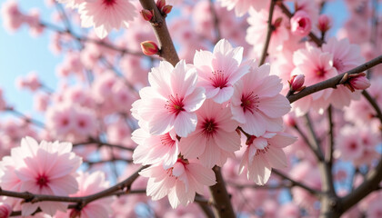 Cherry blossoms in full bloom on a tree branch against blue sky
