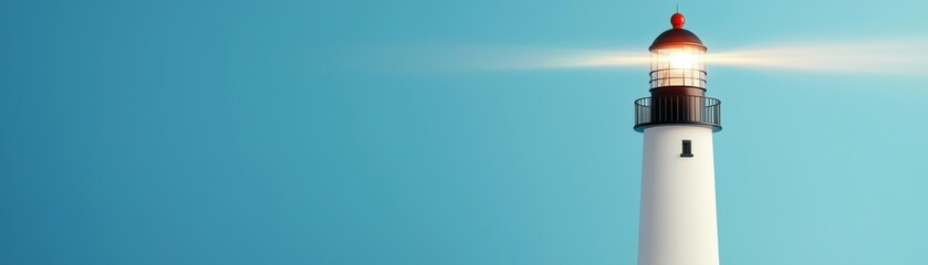 A tall lighthouse stands against a clear blue sky, its beam of light sweeping across the horizon, symbolizing guidance and safety for sailors.