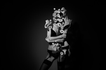 Creative poster collage of gorgeous chic fairy lady model wear trendy floral roses lingerie on dark black color background