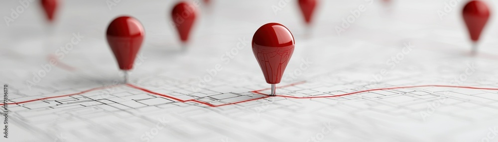 Poster a close-up view of red location pins on a map, indicating various points of interest or routes.