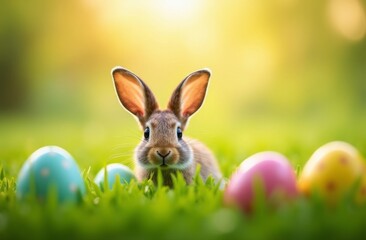 Fototapeta premium Brown rabbit surrounded by colorful Easter eggs in green grass during golden hour, glowing sunlight in the background