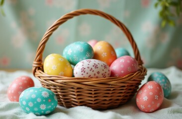 Wicker basket filled with vibrant Easter eggs featuring floral patterns, displayed against a soft pastel background