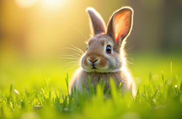 Fototapeta premium Adorable brown rabbit sitting on fresh green grass in warm sunlight, symbolizing the arrival of spring with a blurred natural backgroun