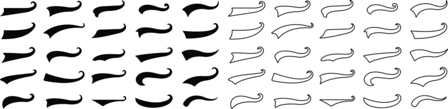 Sporty swirling tail icon in flat line set. football, baseball typography swashes Texting tail for lettering or old varsity sport logo vector for apps or web retro isolated on transparent background