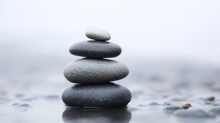 Stacked stones on wet ground, blurred background.