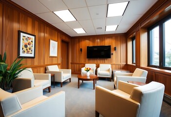Fototapeta premium A wooden office waiting room is furnished with comfortable armchairs and features a television for entertainment 