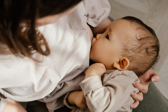 Top view portrait of the baby with his mother 