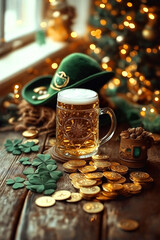 Festive Irish Setting: Beer Mug with Shamrocks and Gold Coins for St. Patrick's Day Celebration