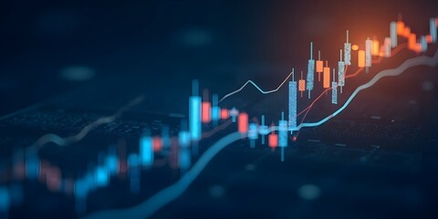 Stock market chart showing upward trend. Candlestick graph with rising prices on dark background. Financial data visualization for investment analysis and trading strategy