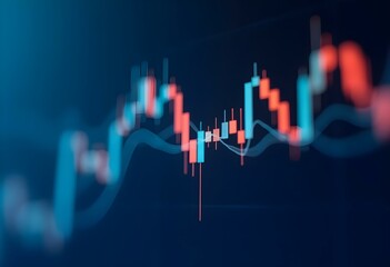 Stock market chart with candlestick patterns on dark blue background. Financial graph showing price fluctuations. Trading analysis and investment concept for business and finance
