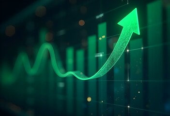 Green arrow pointing upward on financial graph. Business growth chart with rising trend line. Digital stock market data visualization for investment analysis