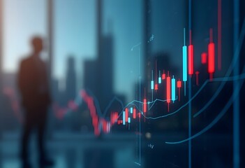 Stock market chart with red and blue candlesticks against cityscape. Financial analysis, trading concept. Business person silhouette. Investment, economy visualization for finance professionals