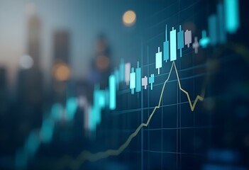 Stock market chart with candlesticks and line graph. Financial data analysis on blurred city background. Investment and trading concept for business strategy and economic growth