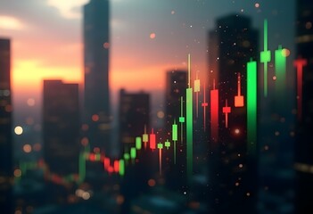 Stock market chart overlaid on city skyline at sunset. Green and red candlestick graph showing financial growth. Urban business district backdrop for economic data visualization