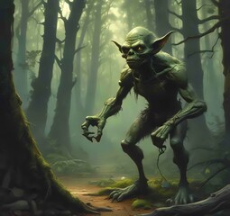 Fototapeta premium Illustration of goblin in wild forest.