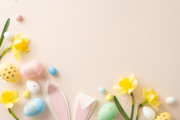 Colorful Easter decorations including painted eggs, bunny ears, and daffodils are arranged...