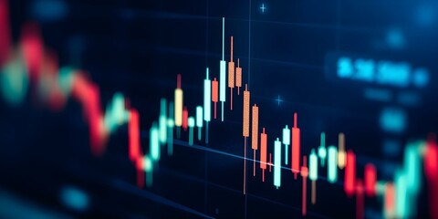 Colorful stock market chart on dark background. Financial trading graph with candlesticks. Investment analysis, economy trends. Business data visualization for finance strategy