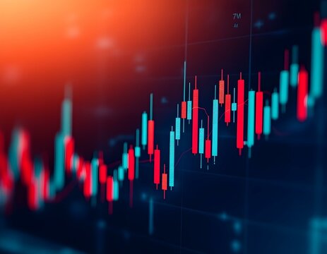 Candlestick chart showing stock market trends. Red and green bars on dark background with orange glow. Financial data visualization for trading and investment analysis