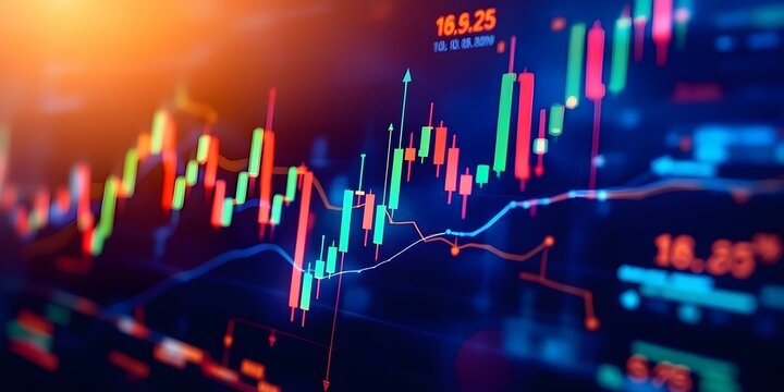 Colorful stock market chart on digital screen. Financial graph with candlestick patterns. Investment analysis, trading concept. Economic data visualization with orange glow effect