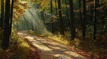 Obraz premium Sun Dappled Jogging Path in Lush Forest Landscape