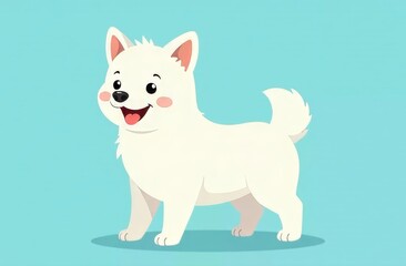 Obraz premium A cheerful cartoon dog with fluffy white fur stands playfully against a light blue backdrop. Its eyes sparkle with happiness, and it has a cute smile, inviting affection.