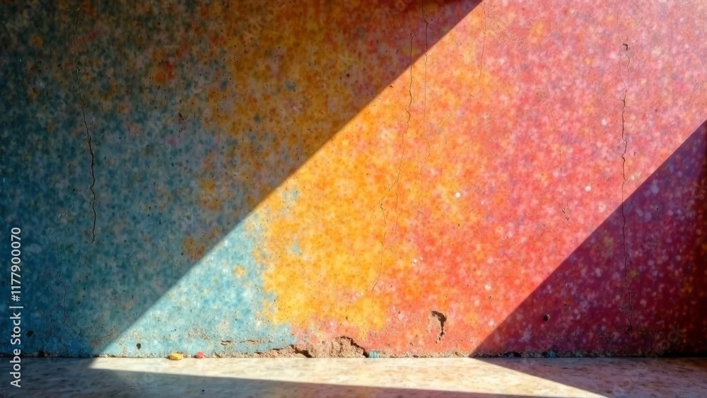 Poster bright colors blend on the wall of an empty room, with sunlight casting sharp shadows. the hues tran