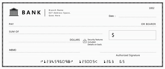 Bank check, vector blank money cheque, checkbook template with guilloche pattern and fields. Currency payment coupon, money check background