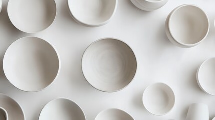 Collection of empty white ceramic bowls on white background.